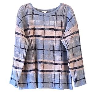 JJill Plaid Knit Sweater Blue Tan Long Sleeve Pullover Women Size L